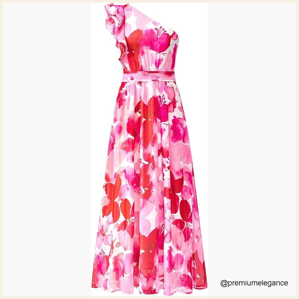 One Shoulder Maxi Dress Smocked Back Ruffle Sleeves Side Pockets Wedding Guest